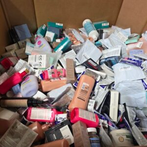 HBA bath and body pallet of mixed-brand skincare, haircare and cosmetics stacked and shrink-wrapped for resale