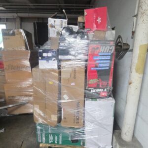 Mixed retailer pallet with tools stacked with housewares, hand tools and general merchandise ready for resale