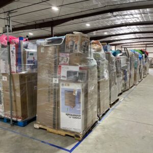 Target bulk truckload of general merchandise pallets staged for reseller pickup