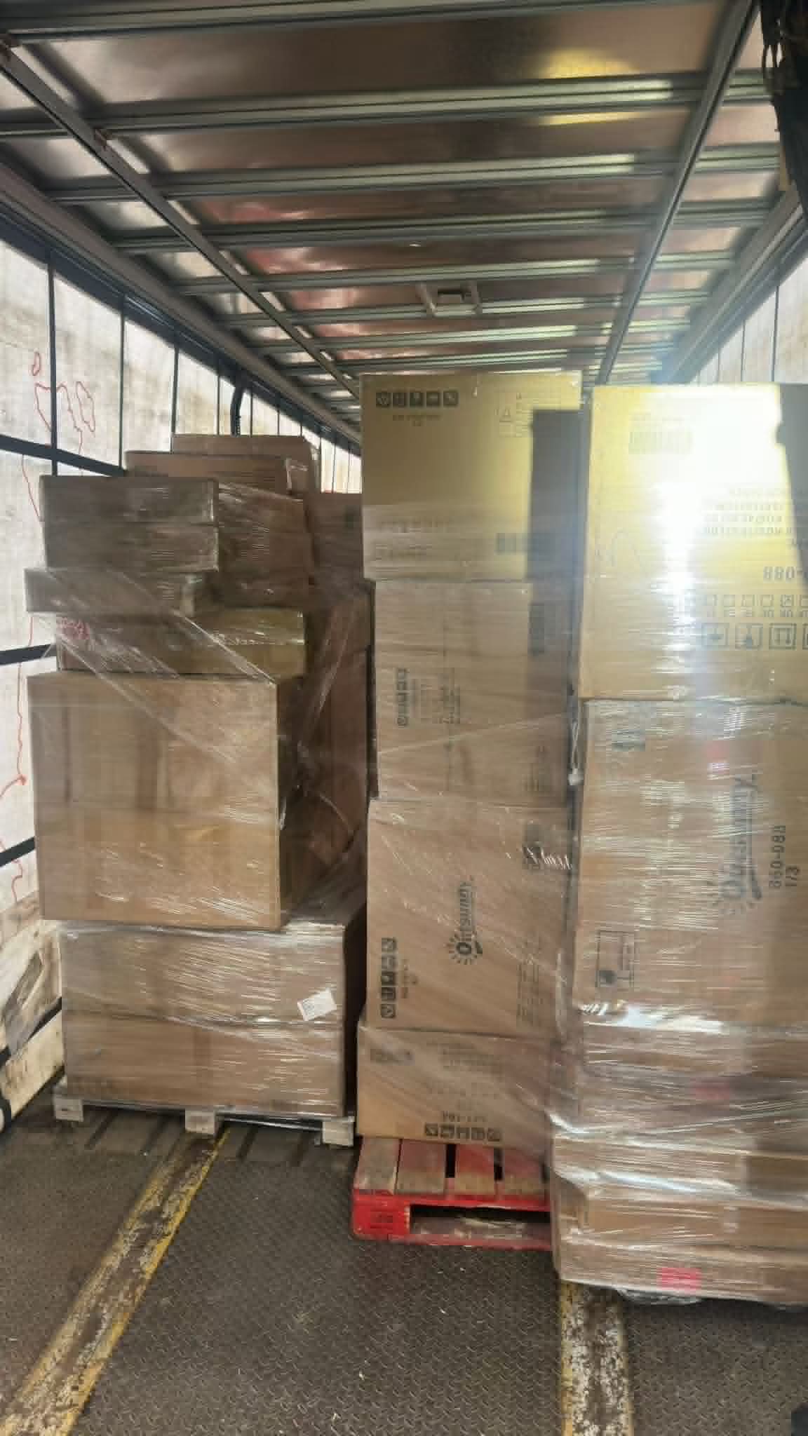 AOSOM-Salvage-Truckload Aosom liquidation truckload of Outsunny patio furniture and general merchandise stacked on pallets