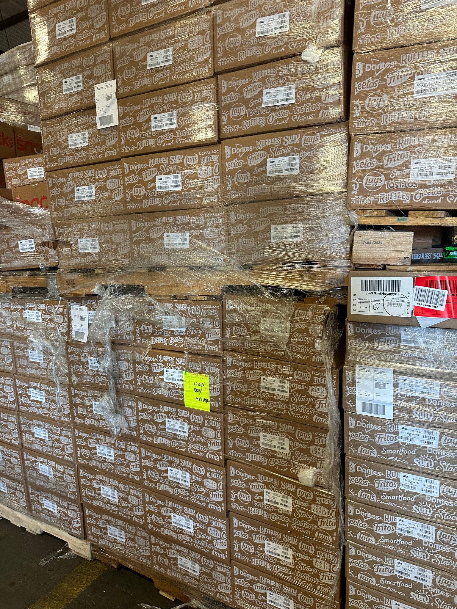 Chip-Truckload Chips truckload liquidation — full trailer of assorted wholesale snack chips on pallets