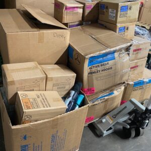 570-piece mixed merchandise pallet of clothing, toys and general merchandise for resale