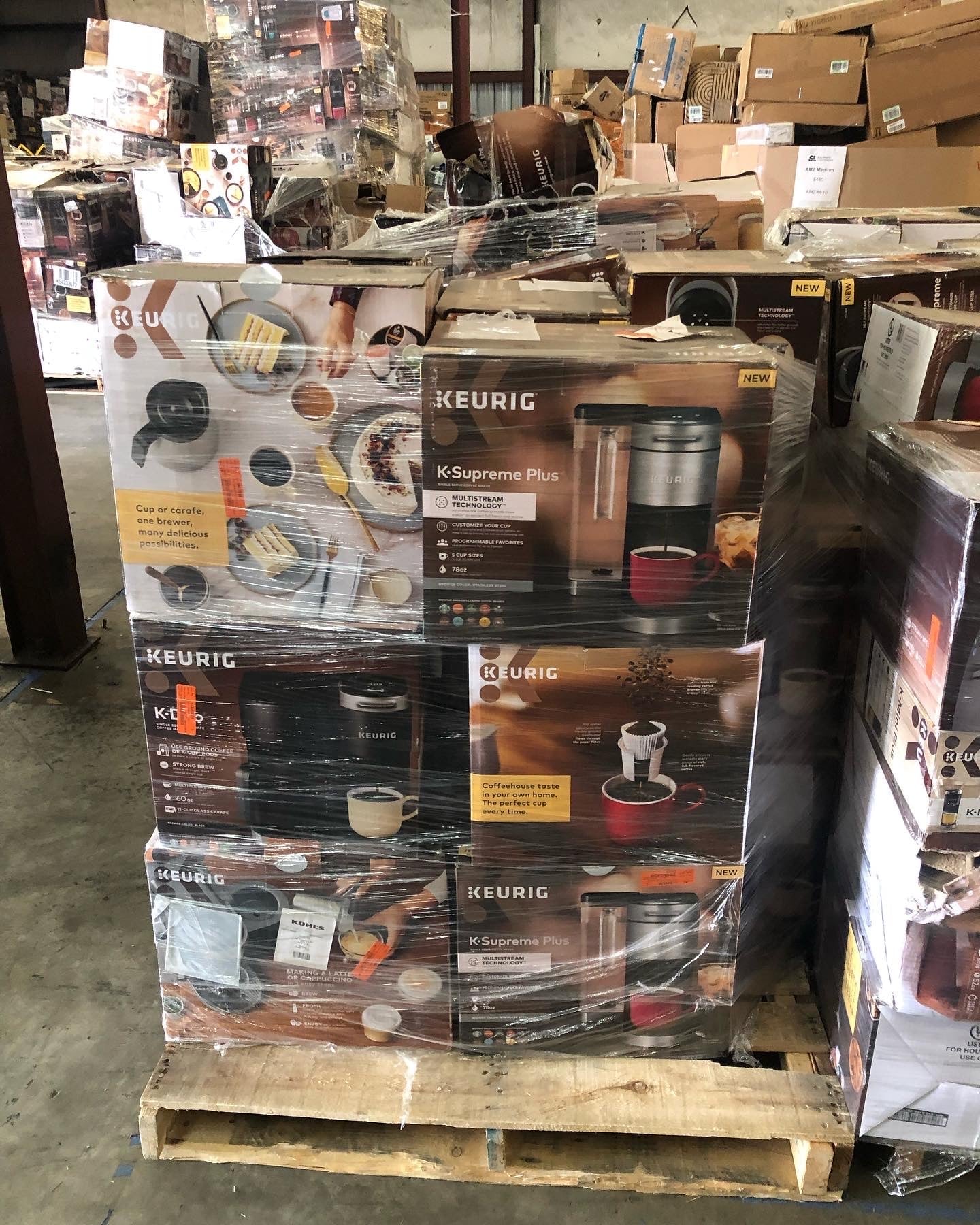 Keurig-Truckload_1b6f59b2-9d01-4fe0-907c-ee0bffe17215 Keurig coffee maker truckload of single-serve K-Cup brewers stacked on pallets ready for resale