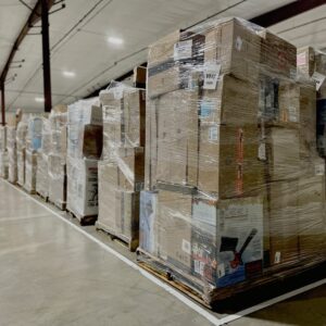 Amazon LPN mediums truckload of stacked mixed home and general merchandise pallets ready for resale