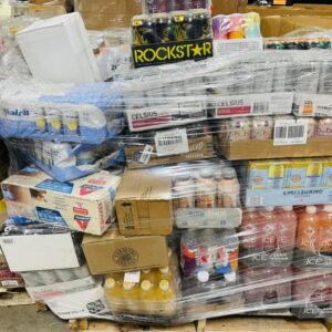 Mixed beverages wholesale pallet stacked with cases of soda, bottled water, juice and energy drinks