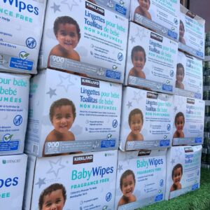 Wholesale baby wipes pallet with roughly 500 packs of assorted overstock wipes shrink-wrapped for resale
