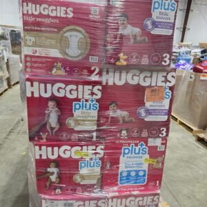 80-box diaper pallet of mixed Pampers, Huggies and Luvs stacked for wholesale resale