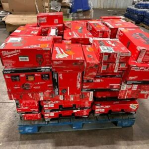 100-unit Milwaukee tools pallet stacked with M18 drills, impact drivers and hand tools for resale