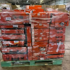 150-unit Milwaukee tools pallet of assorted M18 drills, impacts, batteries and PACKOUT boxes shrink-wrapped for resale
