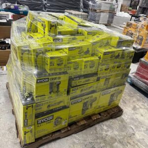 200 Unit Ryobi Tools Pallet — 200-unit Ryobi tools liquidation pallet of cordless drills, ONE+ batteries and outdoor power to