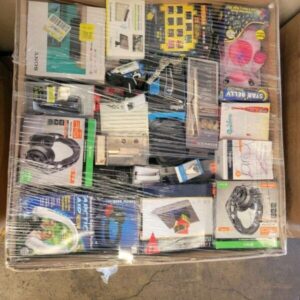 100 unit electronics pallet of mixed consumer electronics stacked and shrink-wrapped for resale