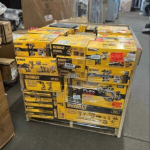 100-unit DeWalt tools pallet of drills, impact drivers, saws and batteries stacked for resale