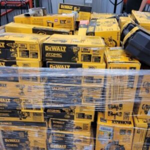 150-unit DeWalt tools pallet of drills, impact drivers, saws and batteries wrapped for wholesale resale