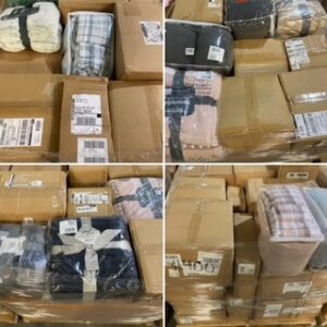 QVC Berkshire bedding pallet of shrink-wrapped velvet throws, sheets and blankets ready for resale