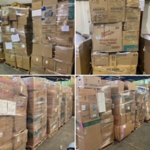 Dollar General merchandise pallet stacked with new overstock housewares and general merchandise ready for resale