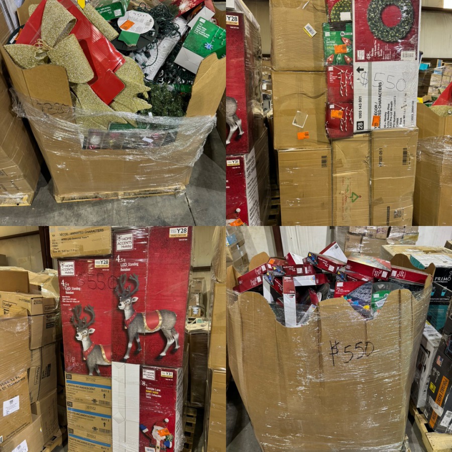 teaserbox_4232689496 Home Depot Christmas decor pallet of assorted holiday lights, inflatables, and artificial trees