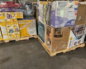 Manifested baby gear pallet of walkers, strollers and car seats for resale
