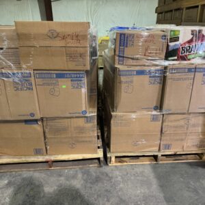 Mixed toilet paper and paper towel pallet of Angel Soft and brand-name bath tissue shrink-wrapped for resale