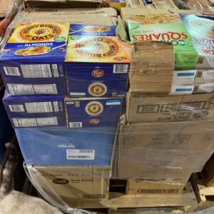 Cereal liquidation pallet stacked with assorted name-brand breakfast cereal boxes for resale