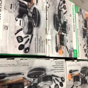 Shrink-wrapped cookware sets liquidation pallet of mixed pots and pans for resale
