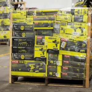 Wrapped Home Depot tool pallet of assorted DeWalt, Milwaukee and Ryobi power tools ready for resale