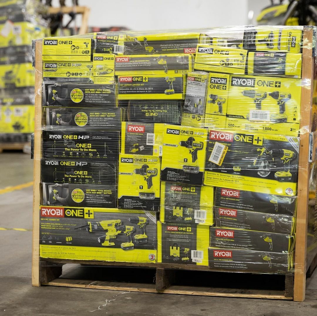 Home depot tool pallets Wrapped Home Depot tool pallet of assorted DeWalt, Milwaukee and Ryobi power tools ready for resale