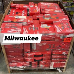 Milwaukee tools pallet for sale — wrapped M18 and M12 power tool liquidation lot on a shipping pallet