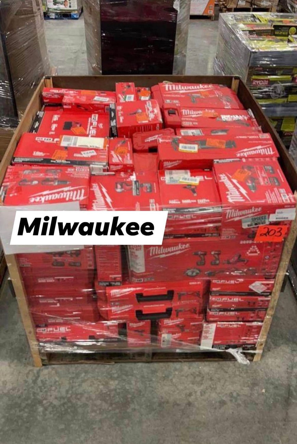 Milwaukee Pallets For Sale Milwaukee tools pallet for sale — wrapped M18 and M12 power tool liquidation lot on a shipping pallet