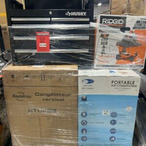 Home Depot home and kitchen pallet shrink-wrapped and staged for reseller pickup
