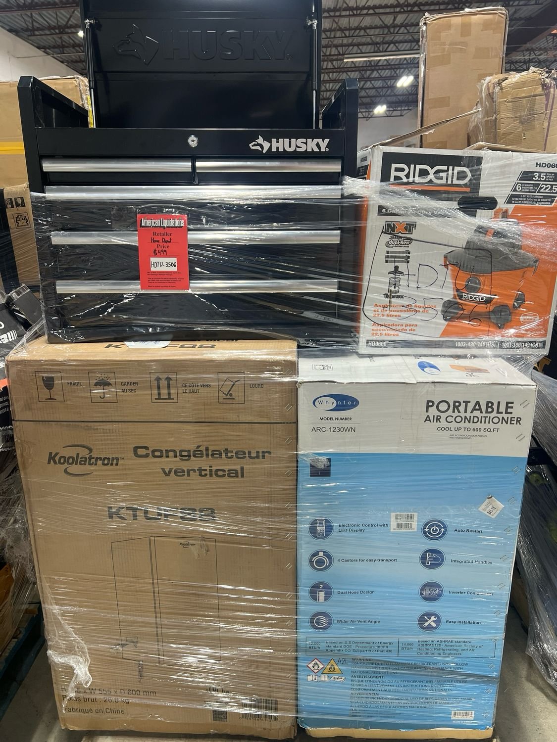 Home Depot GM HDTU-3506 Home Depot home and kitchen pallet shrink-wrapped and staged for reseller pickup