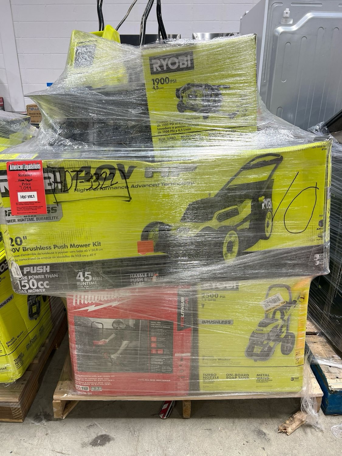 Home Depot Power Tool Pallet HDT-3322 Home Depot Power Tool Pallet 5 — Home Depot power tool pallet stacked with DeWalt and Milwaukee drills, saws and batteries fo