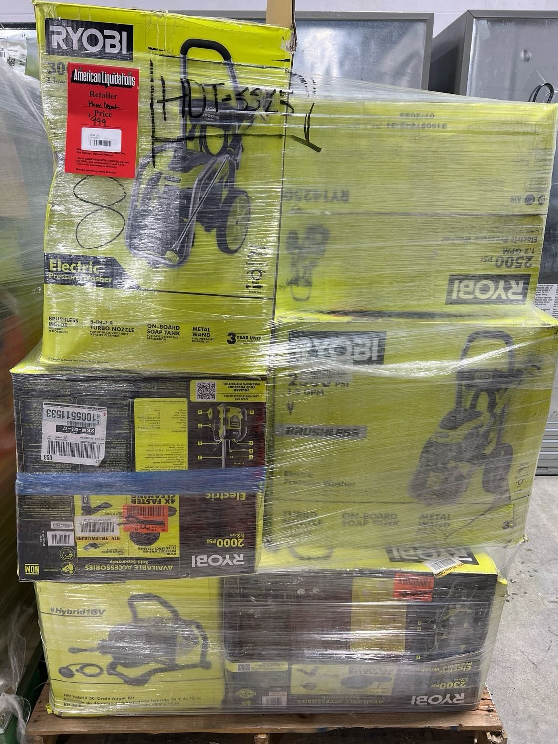 Home Depot Power Tool Pallet HDT-3325 Home Depot Power Tool Pallet 6 — Home Depot power tool pallet stacked with DeWalt and Milwaukee cordless drills, saws and bat