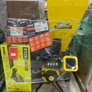 Home Depot power tool liquidation pallet stacked with DeWalt, Milwaukee and Ryobi cordless tools for resale