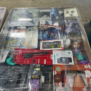 General merchandise liquidation pallet for resale stacked with mixed retail overstock and customer-return items
